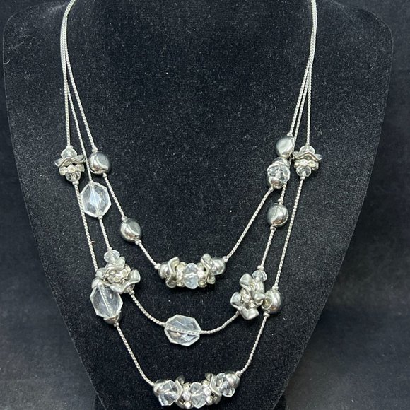 Chico's Jewelry - Chico's Triple Strand Silver Tone And Clear Beaded Necklace (4260)